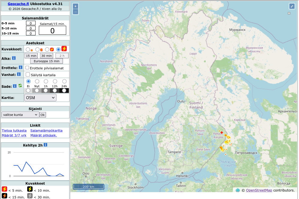 Geokätköilysivusto geocache.fi:n ukkostutka, joka käyttänee samaa FMI:n avointa dataa kartallaan.